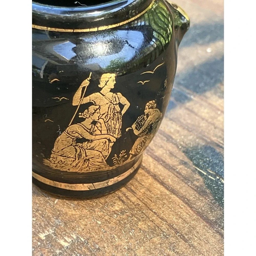 Mini Black Greek Vase Urn Gold Classical Scene Amphora Style Vintage 1.75